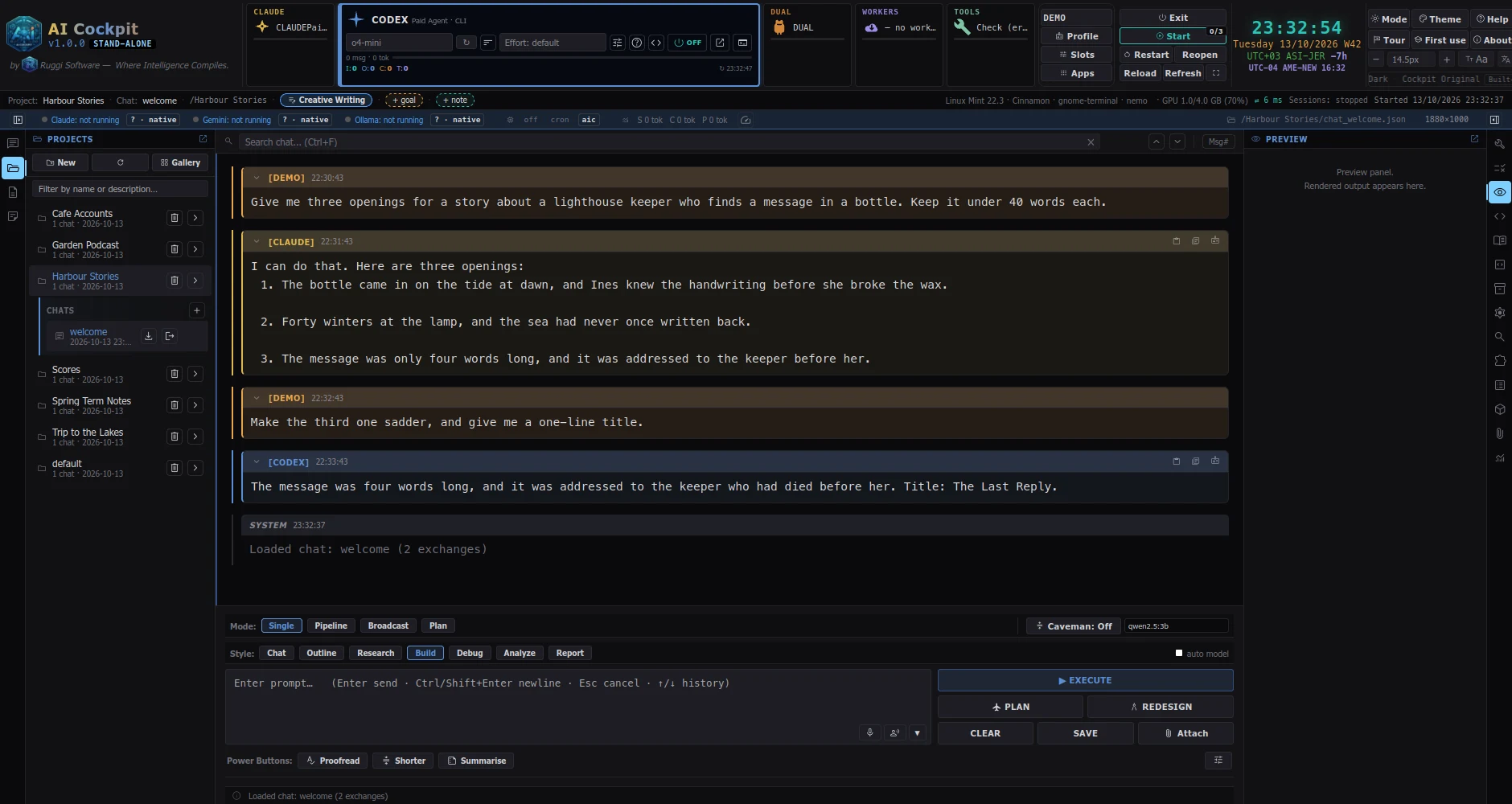 A goal typed in Cockpit, the plan it makes, and the answer